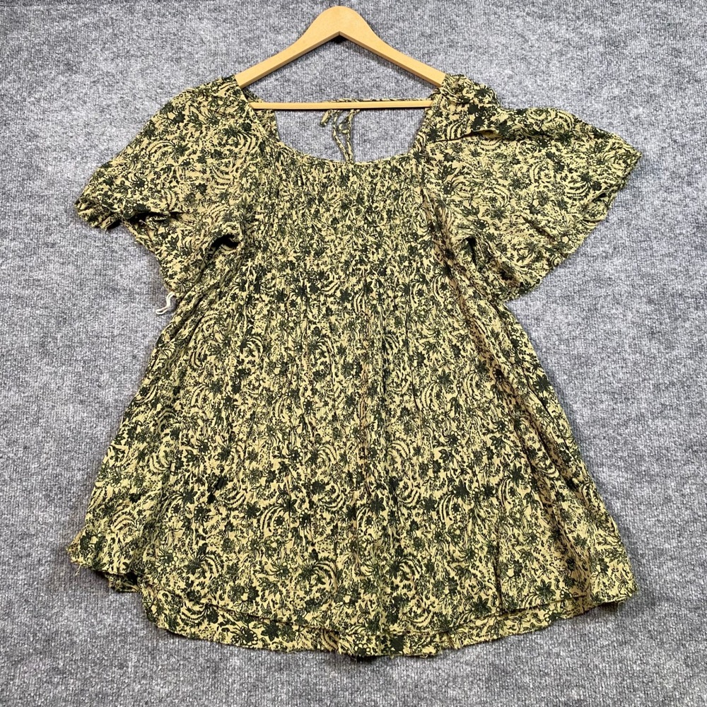 Free People Olive Green Floral Smocked Cotton Mini Dress Medium OB1100784